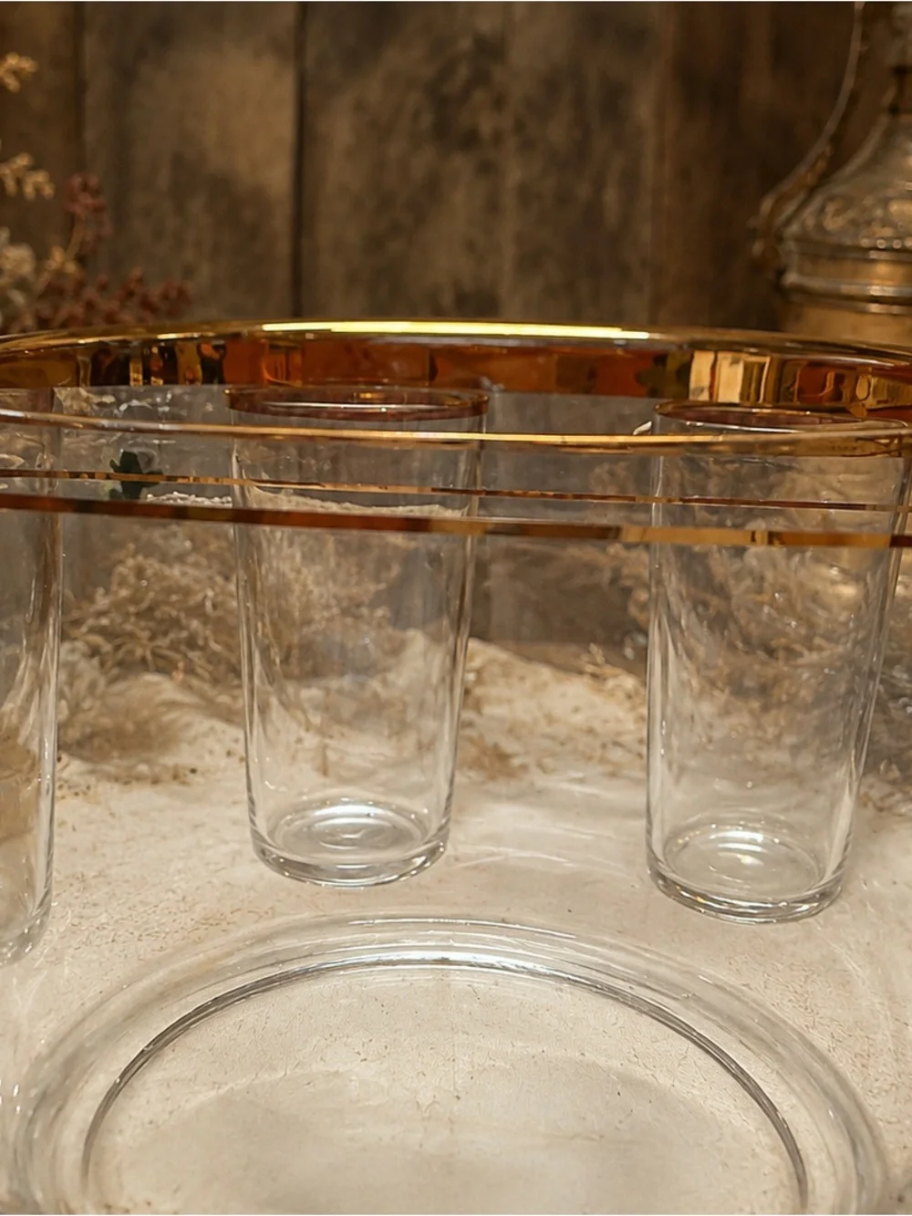 Vintage Gold Rim Glass Ice Bucket with 5 Matching Tumblers Barware Cocktail Set